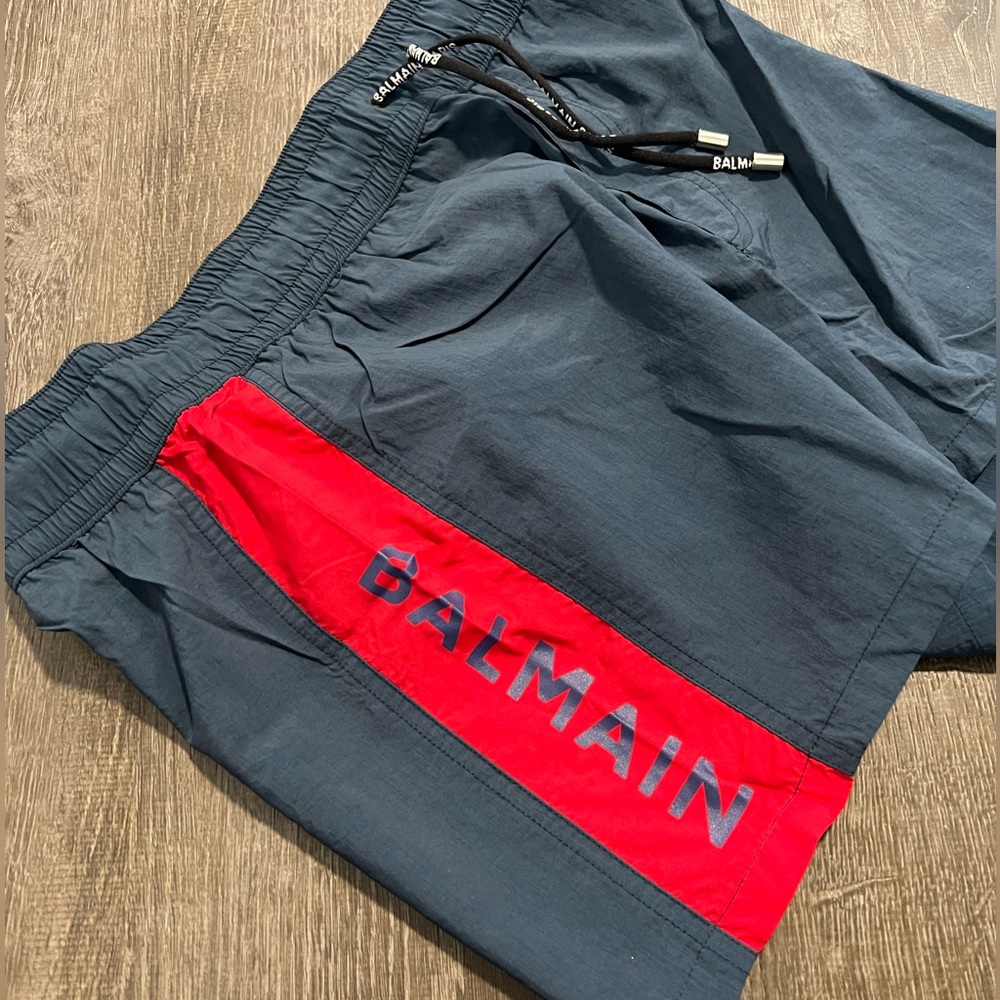BALMAIN***Men’s Navy + Red Swim Shorts***Med. **$485